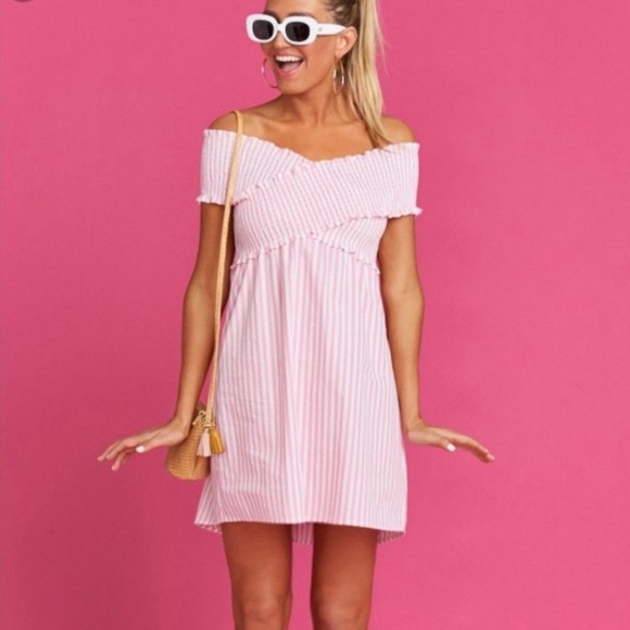 Show Me Your MuMu Dresses & Skirts - Show Me Your Mumu x Barbie Mandy Smocked Mini Dress Pink White Skipper Stripe XS